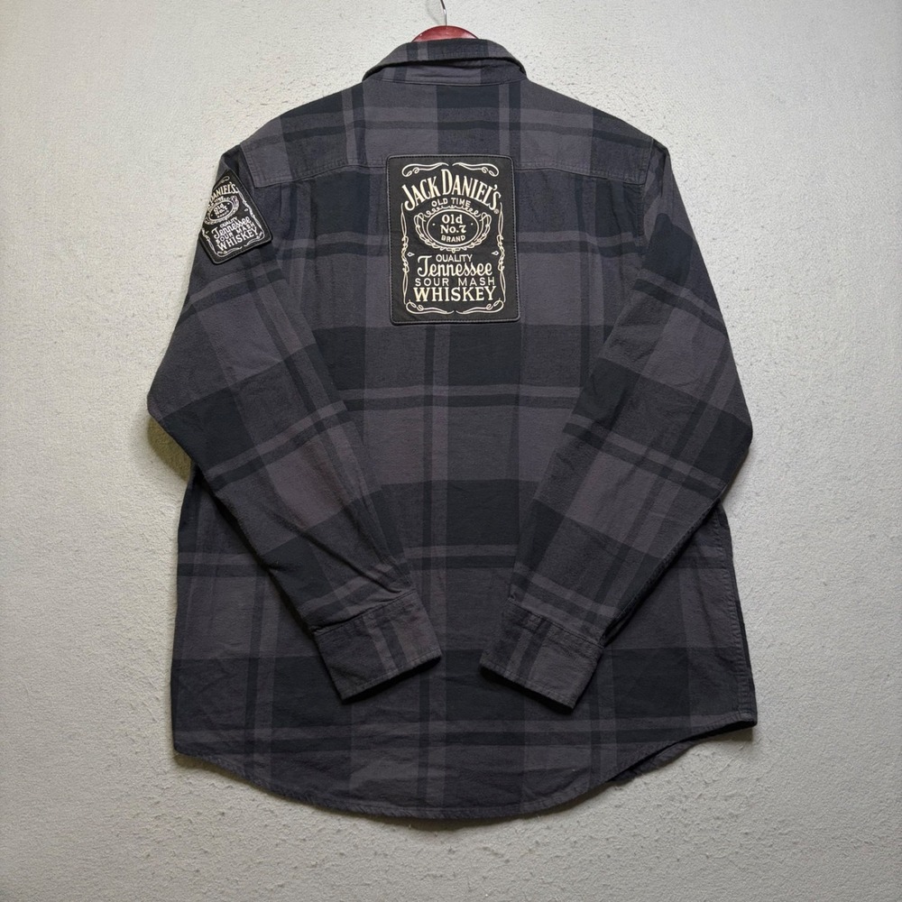 Angry Minnow Flannel Co Shirt Mens XL Grey Jack Daniels Whiskey Patch Plaid